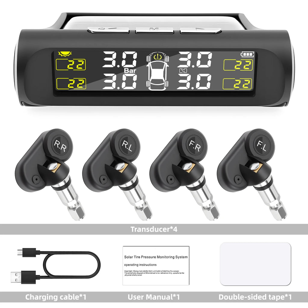 Smart Solar TPMS Car Tire Pressure Alarm Monitor System | 4 Internal Sensor Driving Safety Warning S