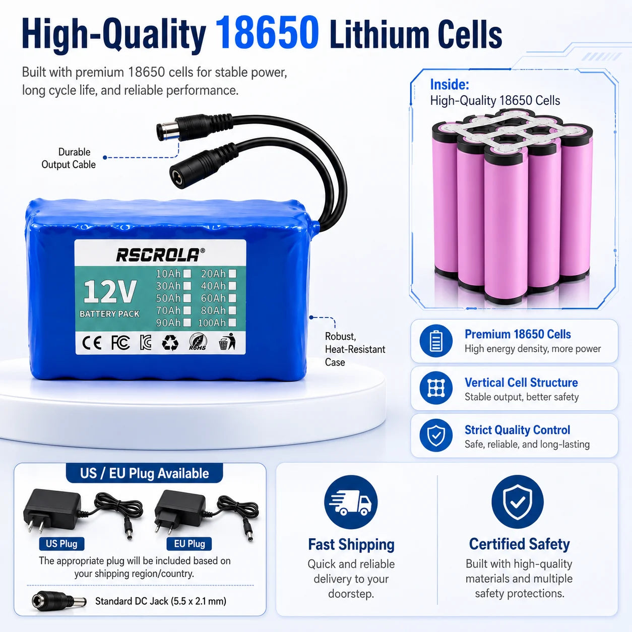 12V 18650 Lithium Battery Pack with BMS and Charger detail view