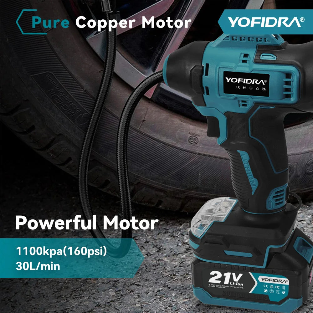 YOFIDRA Electric Air Pump Tire Inflator High Pressure Digital Display Multifunct Car Air Compressor Tool For Makita Battery Pin