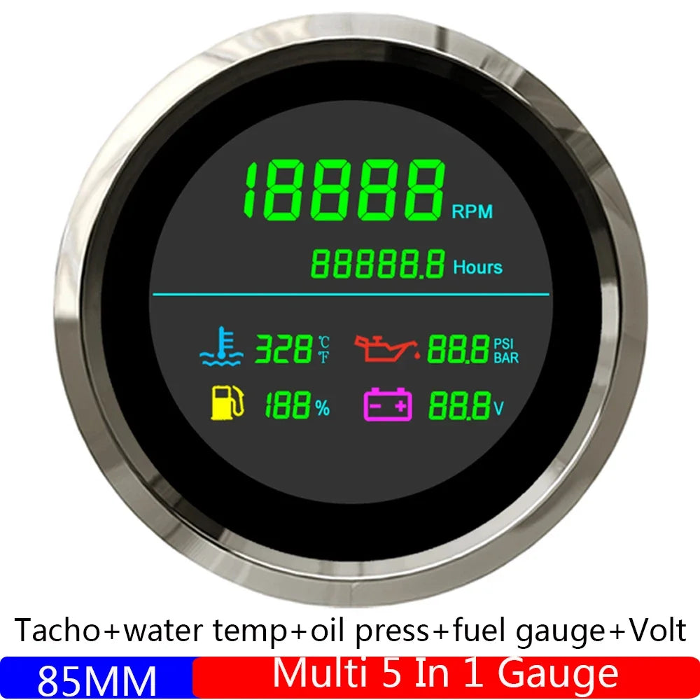 Multi 85mm 6-in-1 Tachometer Gauge Set | Fuel Level, Water Temp, Oil Pressure, Voltme alternate view