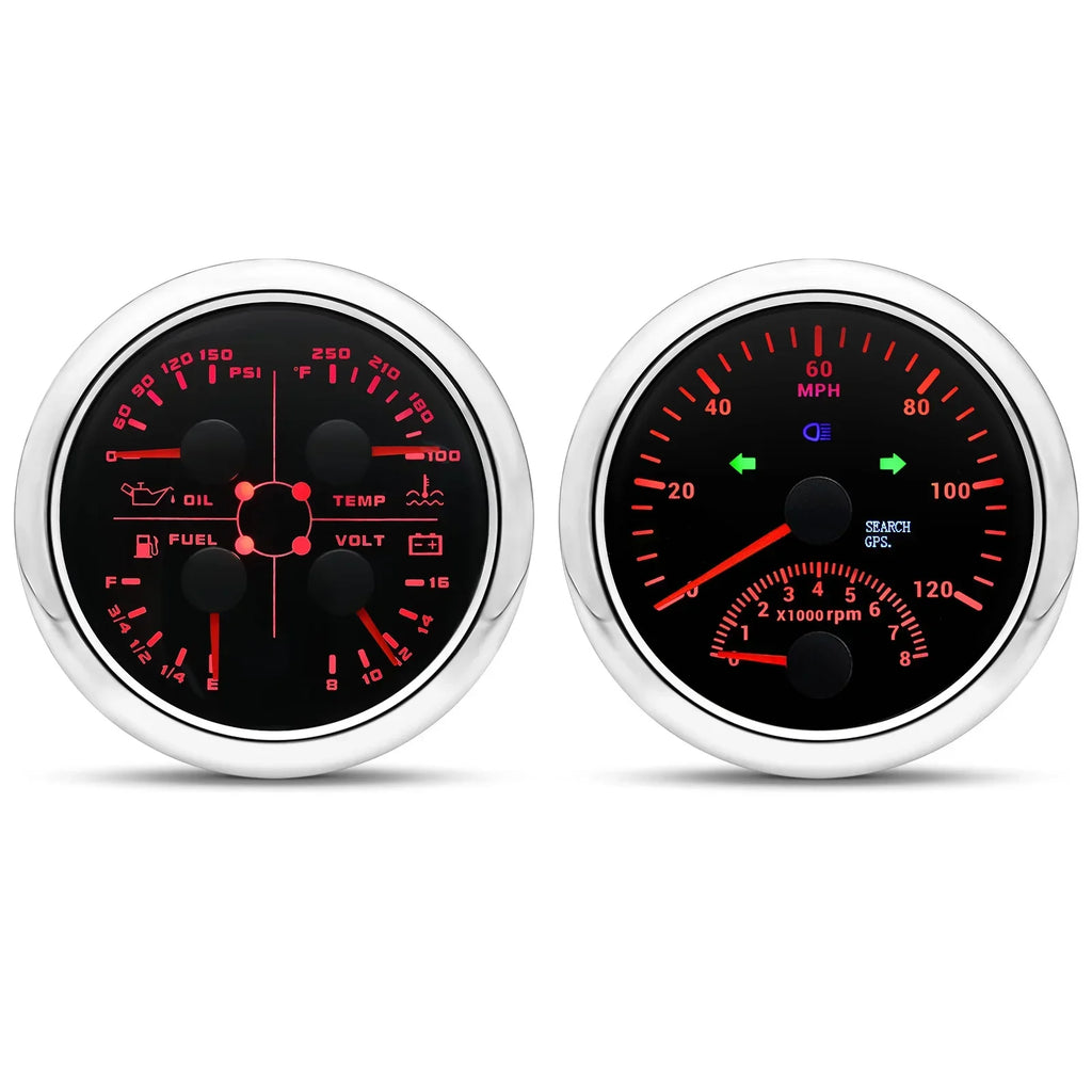 Dual Gauges Set 85MM GPS Speedometer Gauge 120kmh 200kmh & 4in 1 Fuel Level + Volt + Oil Press + Water Temp Meter For Marine Car