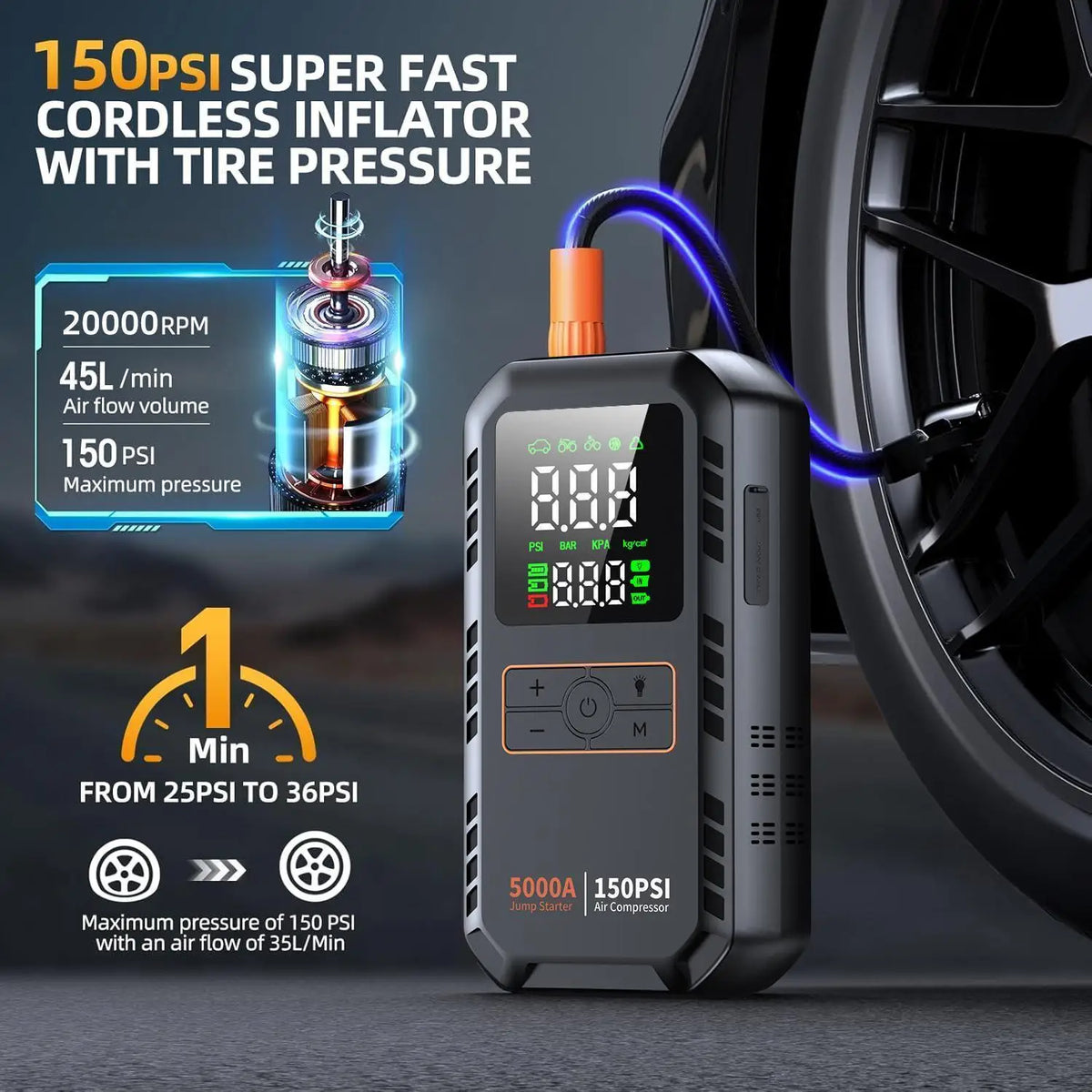 5000A Car Jump Starter with Air Compressor 150PSI Tire Inflator