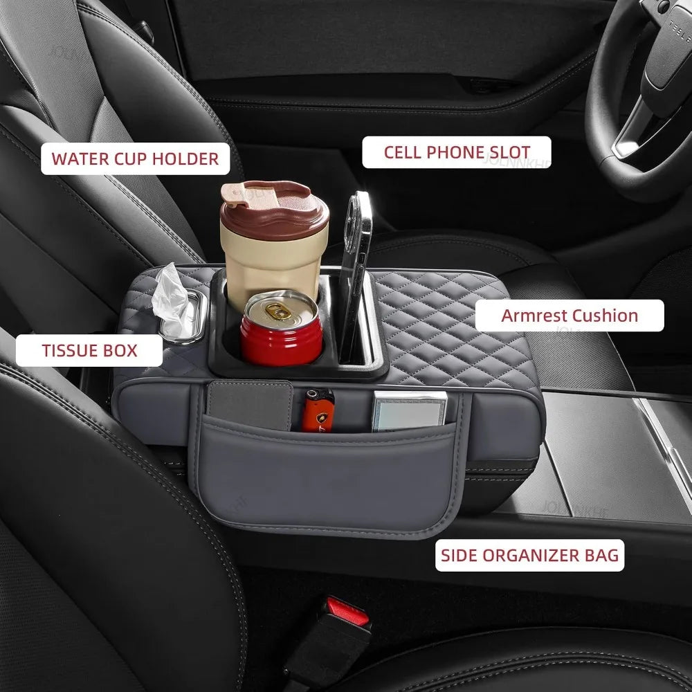 5 in 1 Car Armrest Box Height Pad Multifunctional Center Armrest Box Pad Tissue Box Storage Bag Cup Holder for Most SUV Sedans