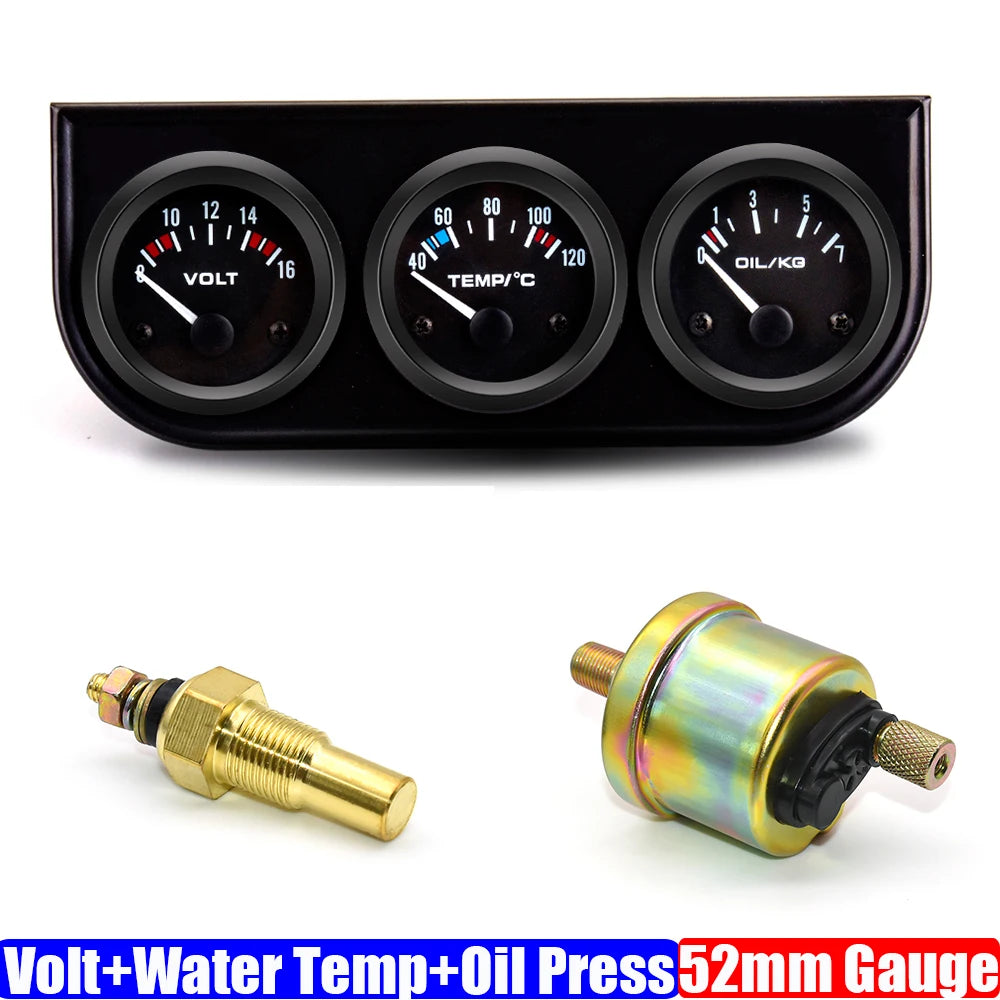 52mm Triple Gauge Kit 3 in 1 | Car Water Temp, Oil Pressure & Voltage Meter detail view
