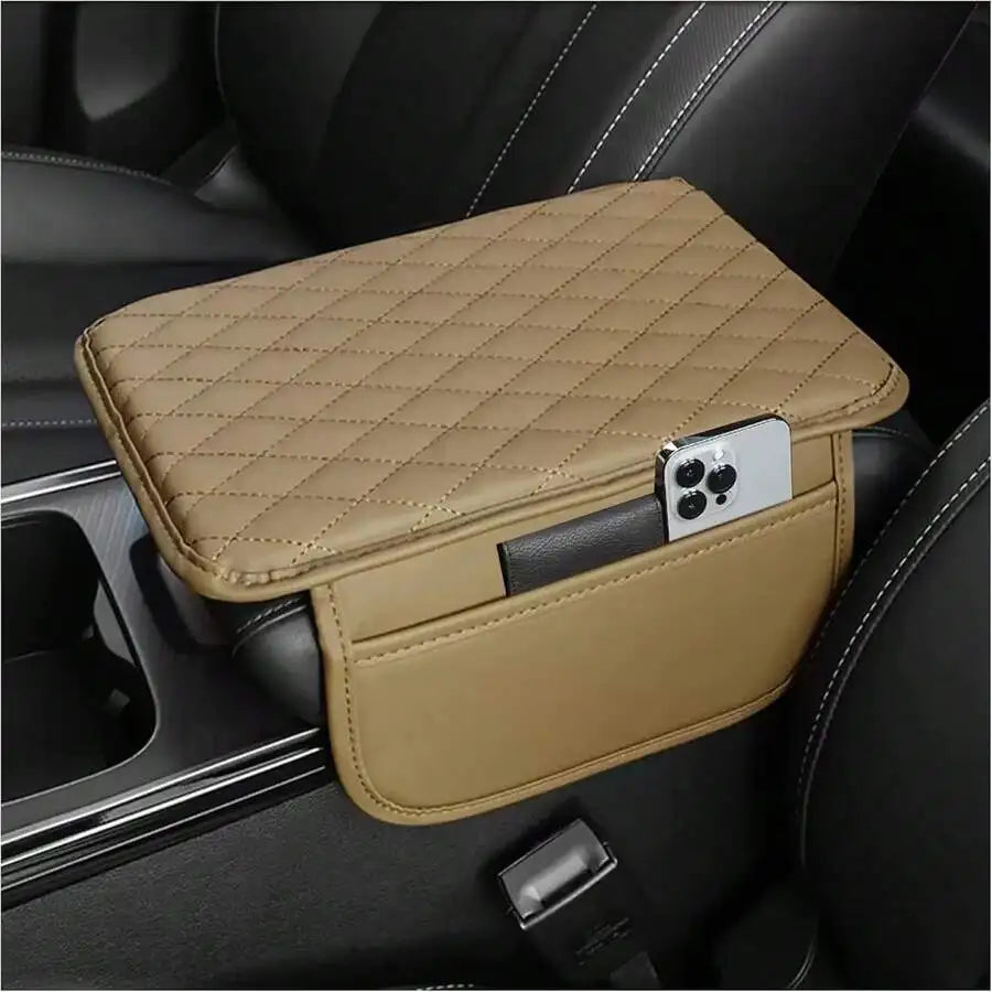 1pc Leather Car Center Console Armrest Cover Pad With 2 Storage Pockets, Universal Automotive Armrest Box Cushion