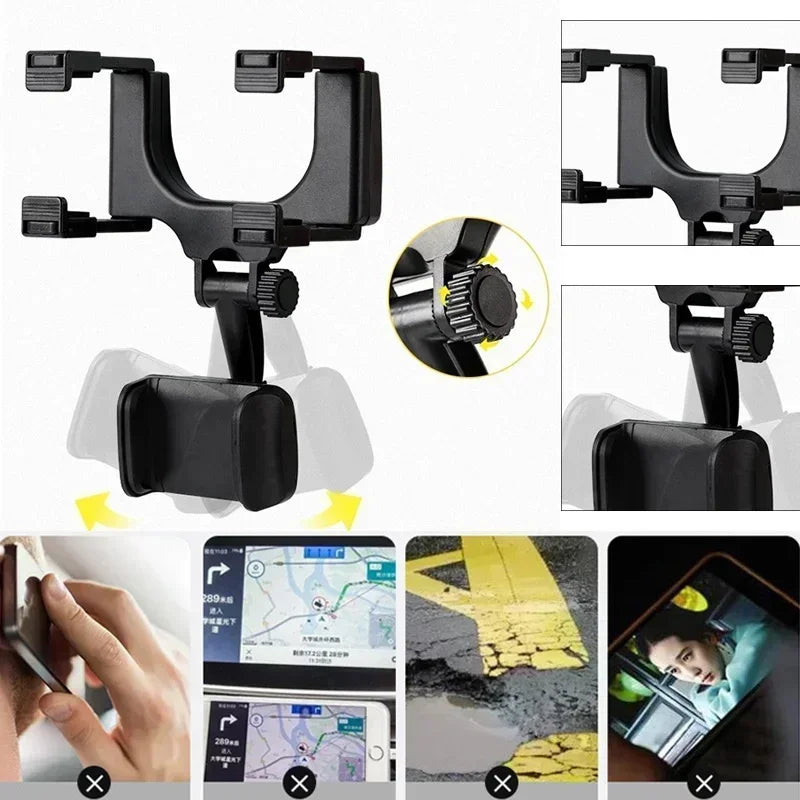360 Rearview Mirror Car Phone Holder Mount Black detail view