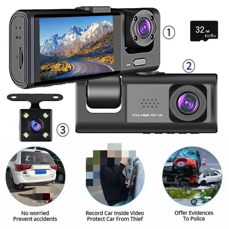 Dash Cam W/ IR Night Vision Loop Recording & 2" IPS Screen 1080P 3 Camera ， DVR recorder, video reco