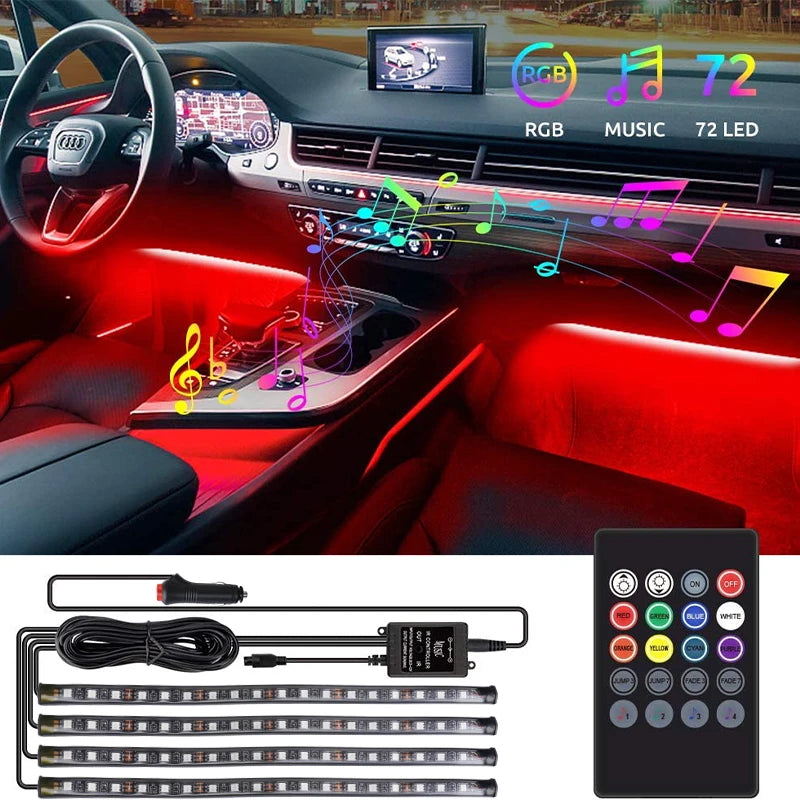72/48/36 LED RGB Car Foot Ambient Light with USB Cigarette Automotive Interior Lights close-up view
