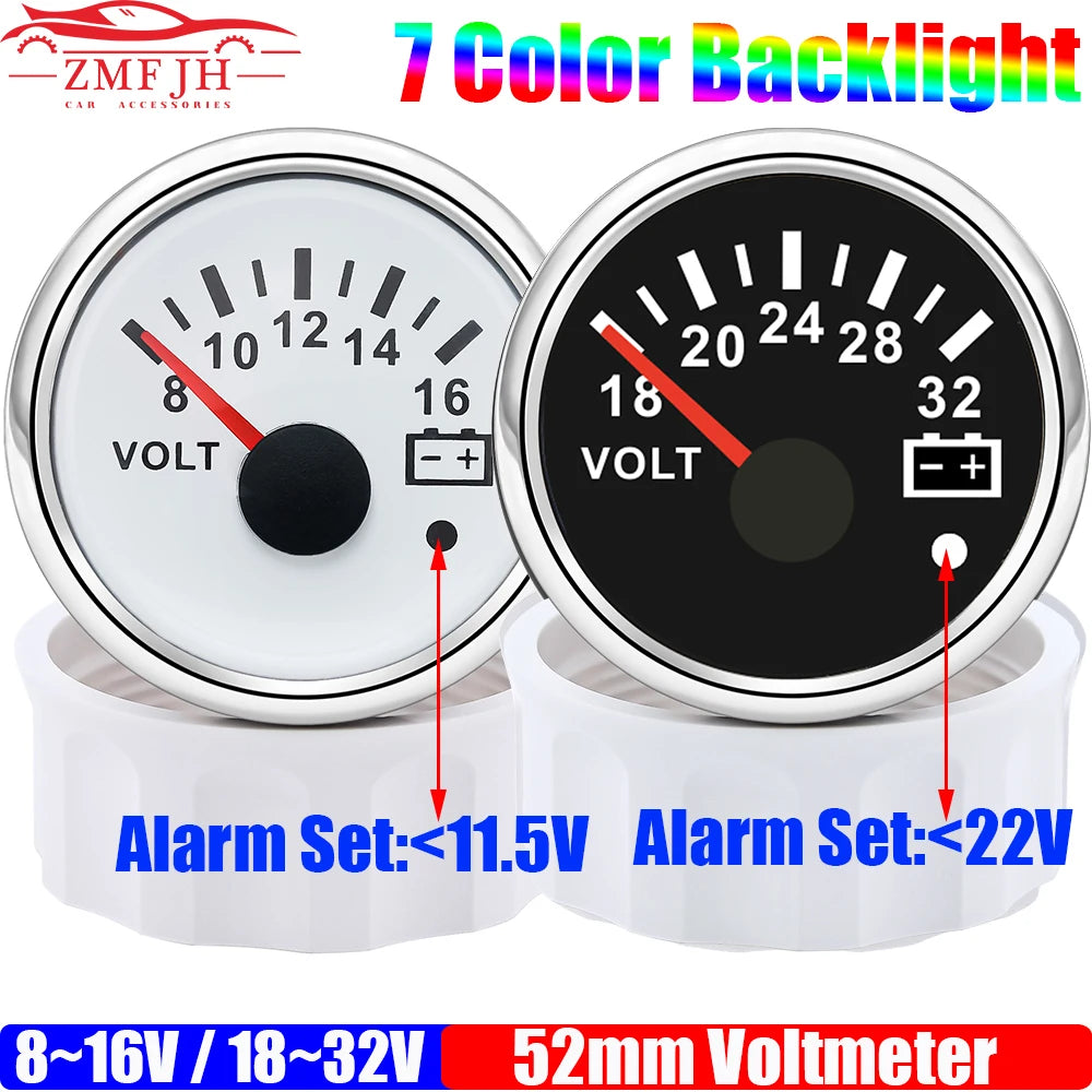 7 Color Backlight 52mm Voltmeter with Alarm | 8-16V / 18-32V for 12V 24V Car Marine