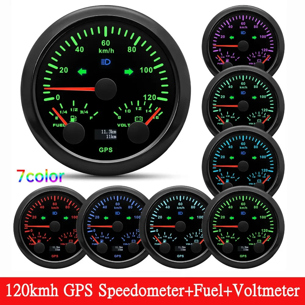 HD Customized 85MM 3 IN 1 Gauge 120kmh 120MPH GPS Speedometer Fuel Gauge Voltage Voltmeter Tachometer RPM Sesnor With Antenna