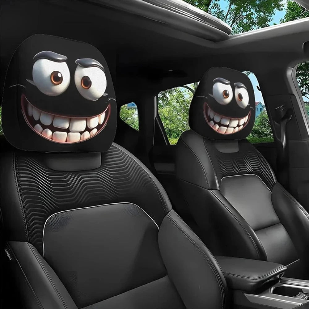 2PCS Generic Car Headrest Covers with Funny Smiley Face Design, Black Elastic Fabric, close-up view