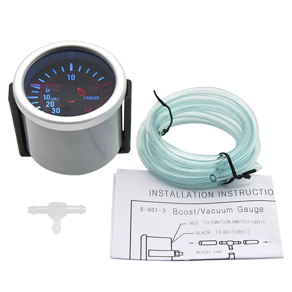 52mm 2" Smoke Lens Car Gauge Set | Turbo Boost PSI BAR Oil Pressure Volt Tachometer close-up view
