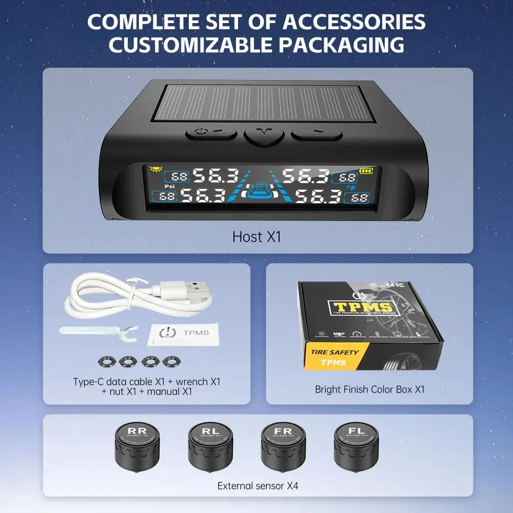 USB Solar TPMS Car Tire Pressure Monitor | 4 External Sensors Digital LCD Display 0-6 lifestyle view