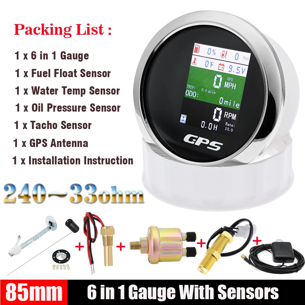 85mm 6 in 1 GPS Speedometer and Tachometer | Digital Gauge with Oil Pressure, Water Temp detail view