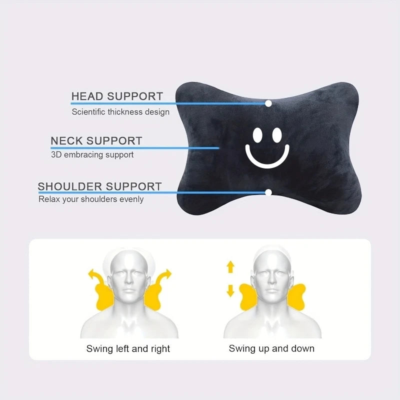 Black Bone-Shaped Car Neck Pillow with Smiley Face detail view