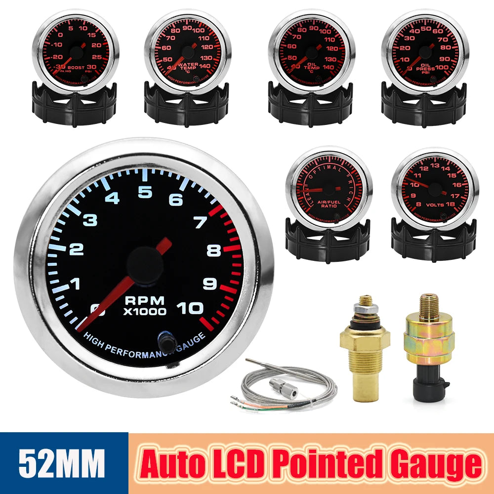 7-Color 52mm Car Gauge Kit | PSI Boost RPM Water Temp Oil Temp Oil Press Voltage AFR EGT