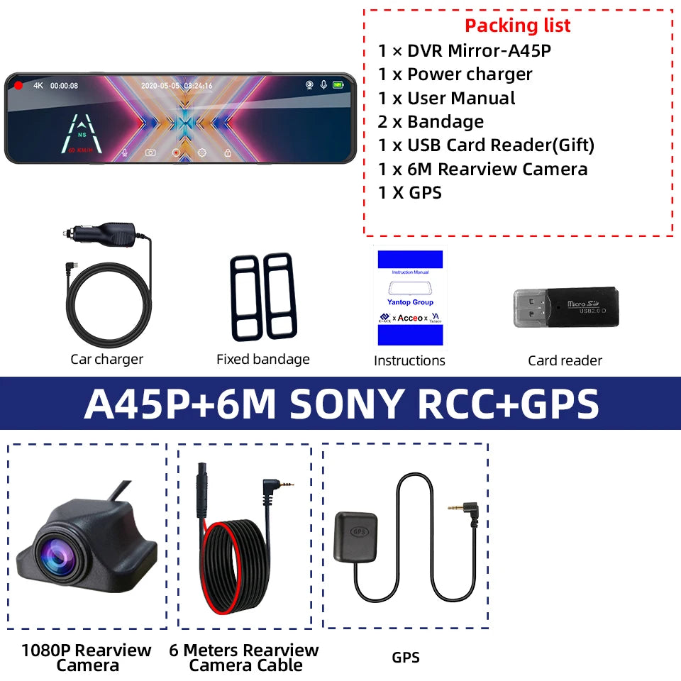 4K Rearview Mirror Dash Cam | 11.28" Touch Screen, Night Vision, GPS, Dual Lens close-up view