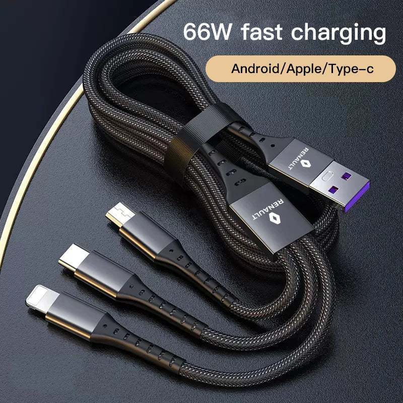 USB Car Charger with Data Cable | 3-in-1 Fast Charging Kit for Renault Models close-up view