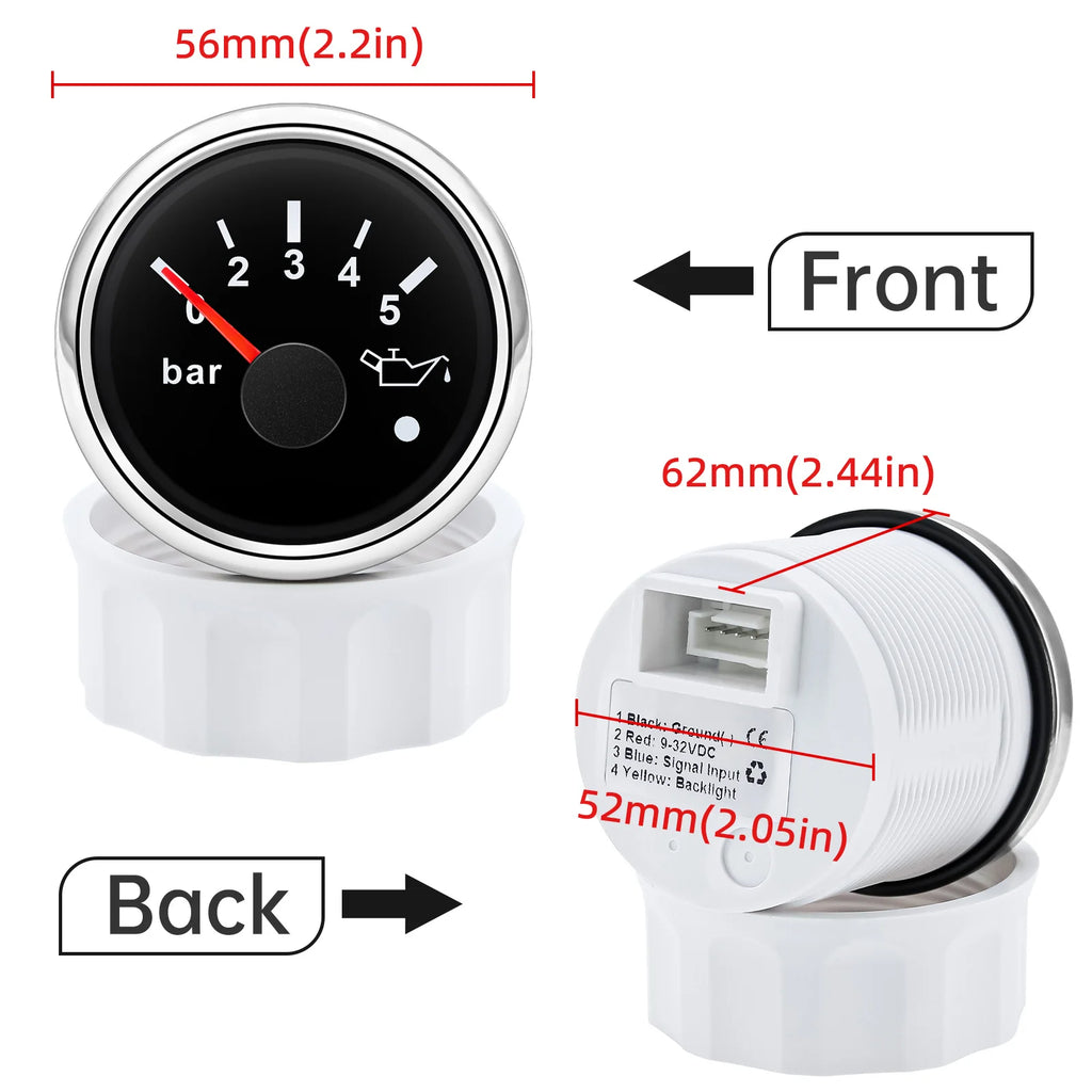 52mm Oil Pressure Gauge with Alarm Red LED 0-5 Bar 0-10Bar Oil Press Meter+Sensor 1/8NPT for Auto Car Marine Yacht 12V24V Custom