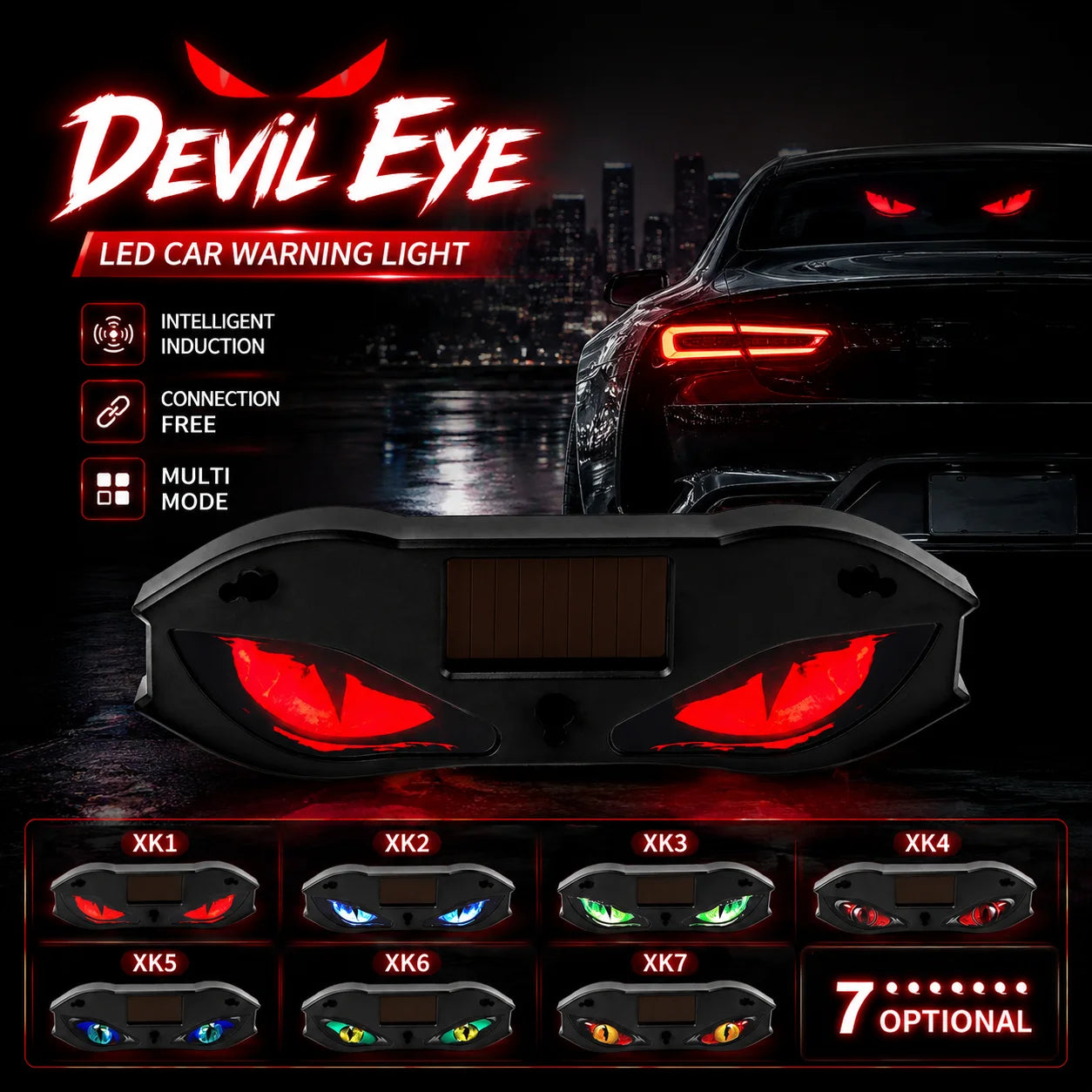 New Solar Devil Eye Warning Light LED Car Ambient Lighting Windshield Solar Type-C Charging Multi-Mo