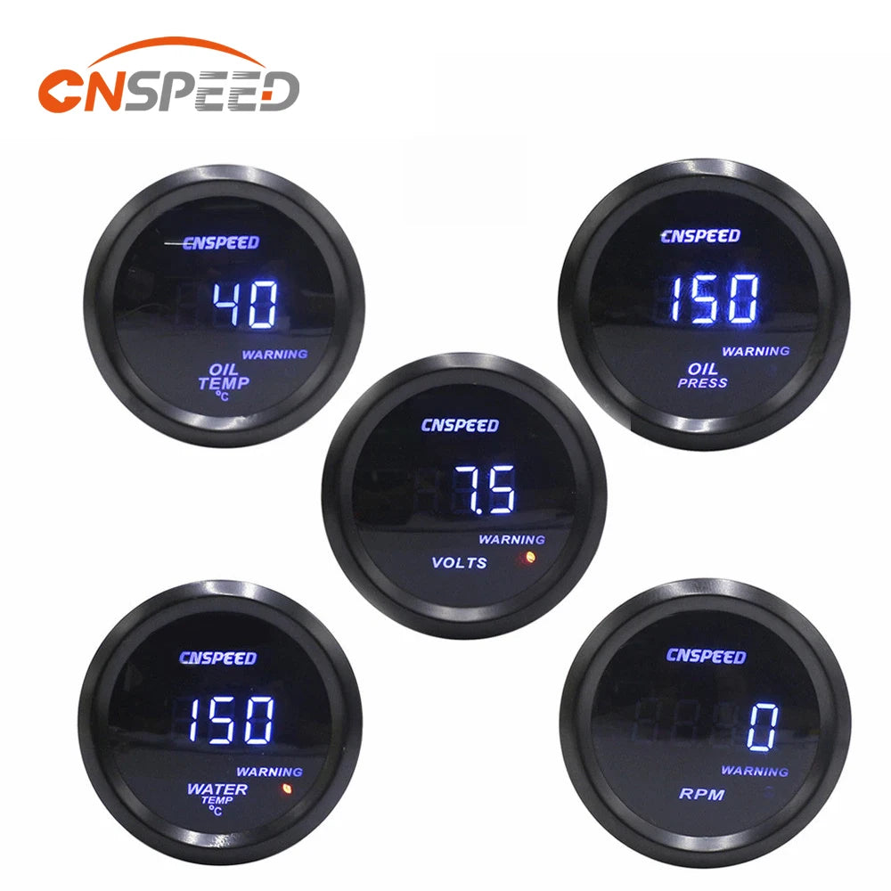 CNSPEED 52mm 6-in-1 Car Gauge Set | Digital Turbo Boost Oil Pressure Water Temp Voltmeter Tachometer