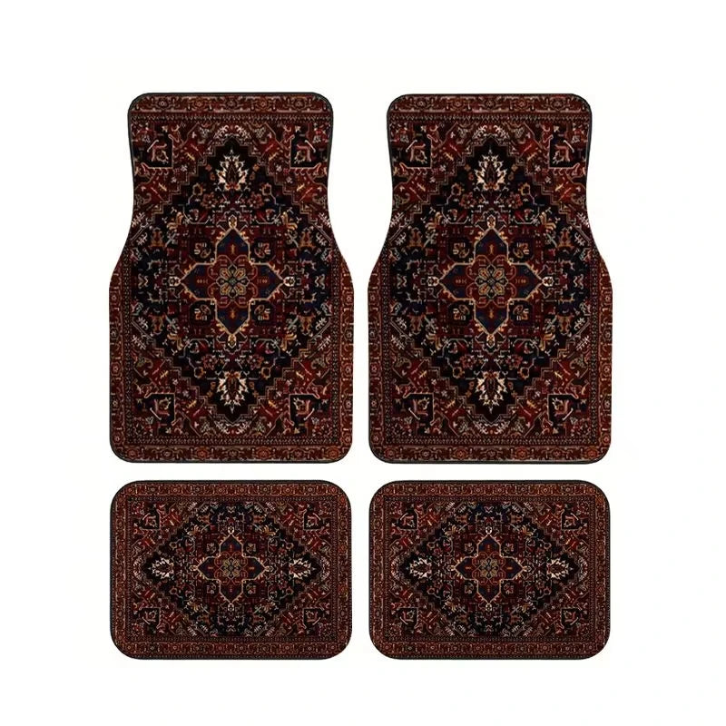Red Bohemian Paisley Print Car Floor Mats 4Pcs Universal Anti-Slip Auto Carpet Interio close-up view