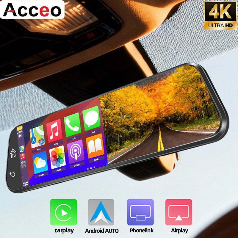 9.66" 4K Mirror Dash Cam | Android Auto, 5G WiFi, GPS, 1080P Rear, 24H Parking