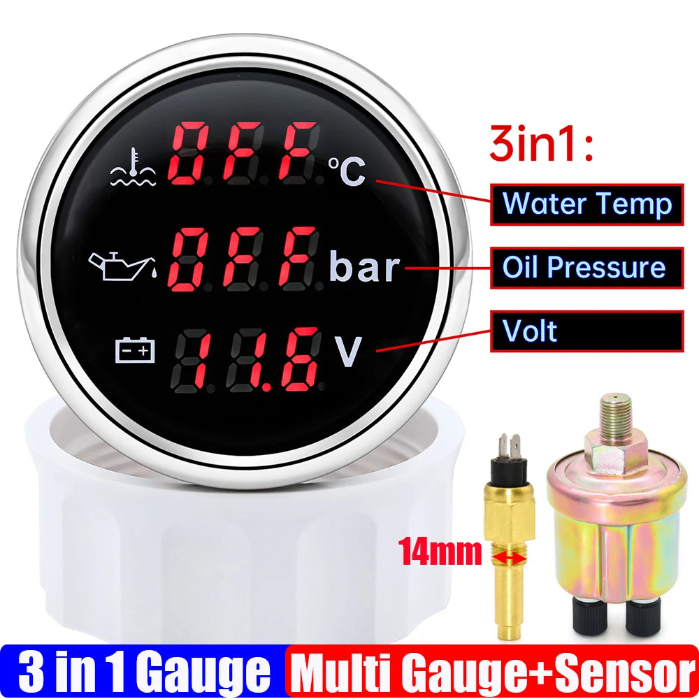 3 In 1 Digital 52mm Gauge with Alarm 0~120℃ Water Temperature Gauge+Oil Pressure+Voltage with Oil Press/Water Temp Sensor Custom