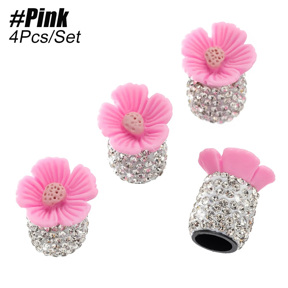 4PC Bling Valve Stem Caps Crystal Rhinestone Car Tire Valve Caps | Flower Dustproof Univ detail view