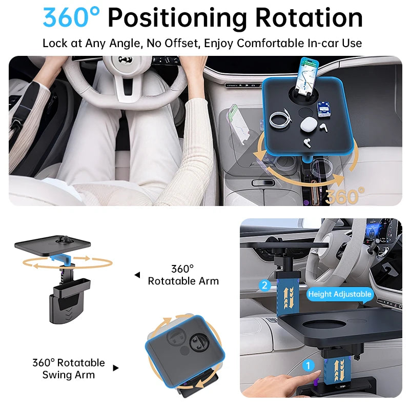 New Adjustable Car Seat Gap Mount Table Firm Stable Clamp Design 360 Rotation Height A close-up view