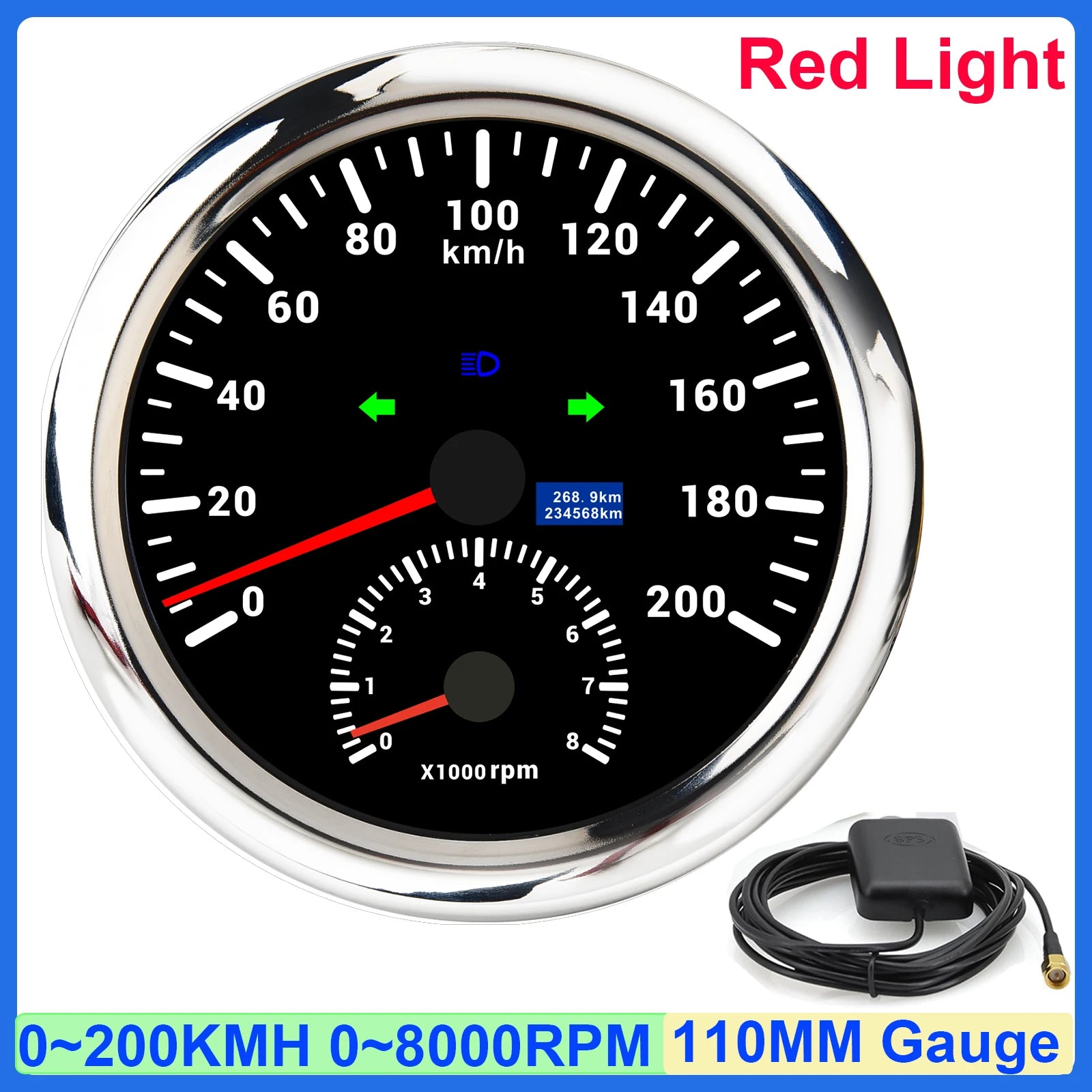 GPS Speedometer and Tachometer Combo | 2 in 1 110mm Gauge with GPS Antenna additional angle