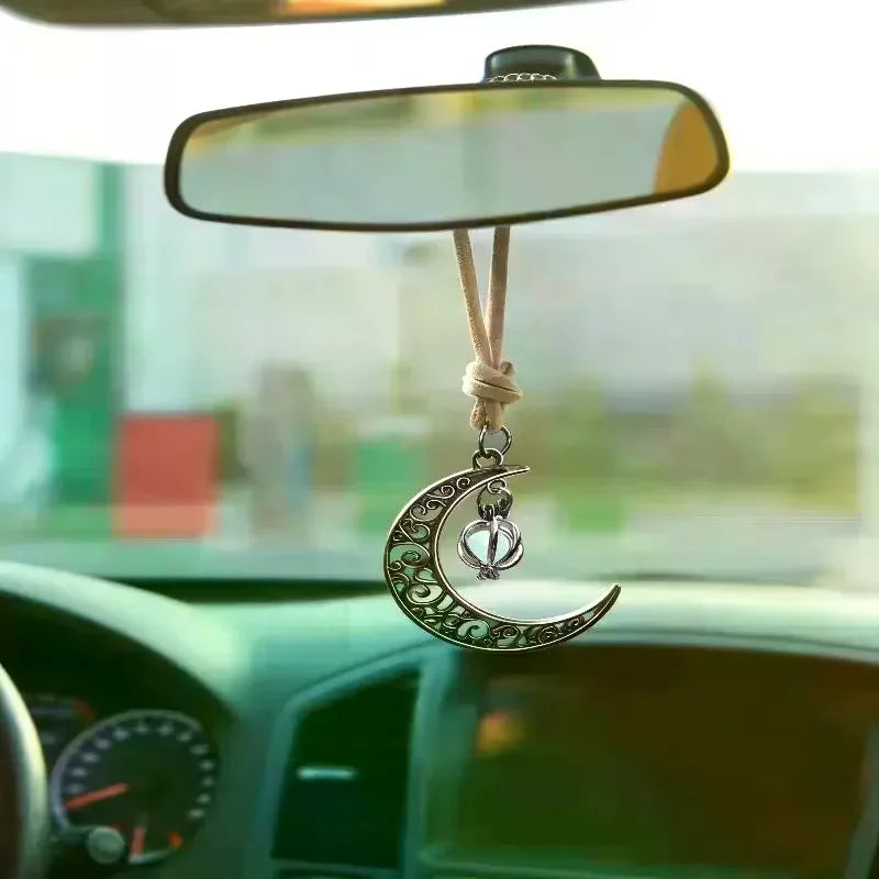 Moon Pendant Car Hanging Ornament | Hollow Crescent Design With Luminous Stone