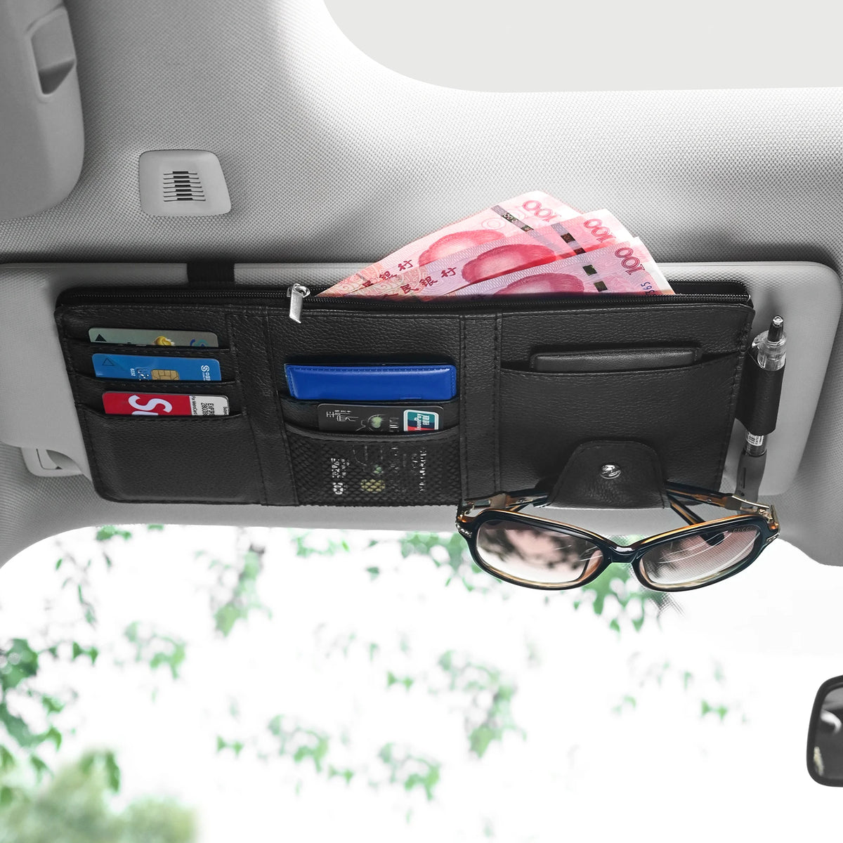 JFBONIN Car Sun Visor Organizer Storage Box with Sunglasses Clip Business Card Holder close-up view