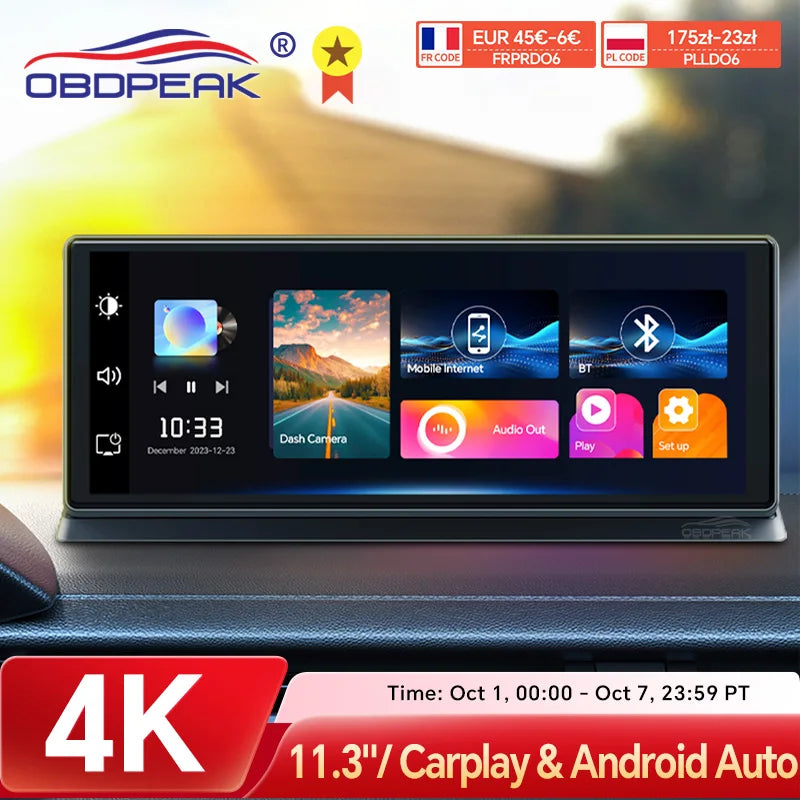 K2 Pro 11.3" Dash Cam 4K 2160P Car DVR Recording Carplay & Android Auto Wireless Connection 5G WiFi