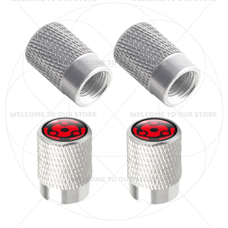 Itachi Rinnegan Sharingan Tire Valve Caps | 4pc Aluminum Anime Car Accessories close-up view