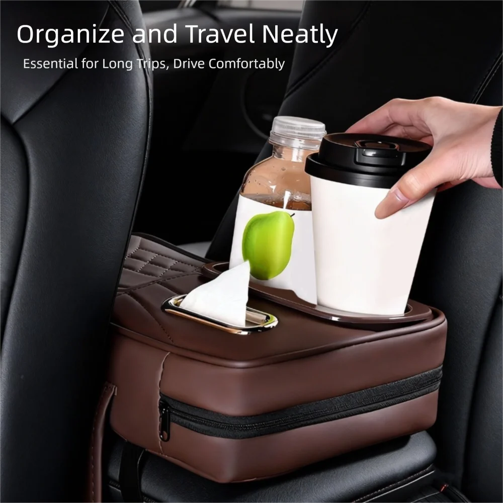 Universal Car Armrest Cushion with Tissue Box & Cup Holder, Multi-Functional Center Console Storage Organizer with Side Pocket