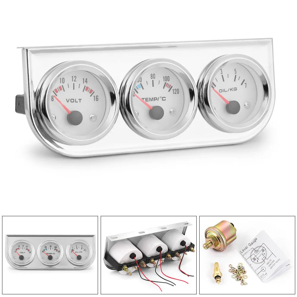 Chrome 2 Inch 52mm Triple Gauge Kit | Water Temp, Voltmeter, Oil Pressure with Sensors
