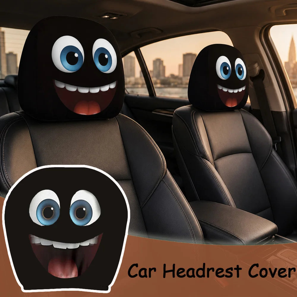 2PCS Blue Big Laugh Eyes Car Headrest Covers 2D Double Print Universal Funny Auto Decor Halloween Xm