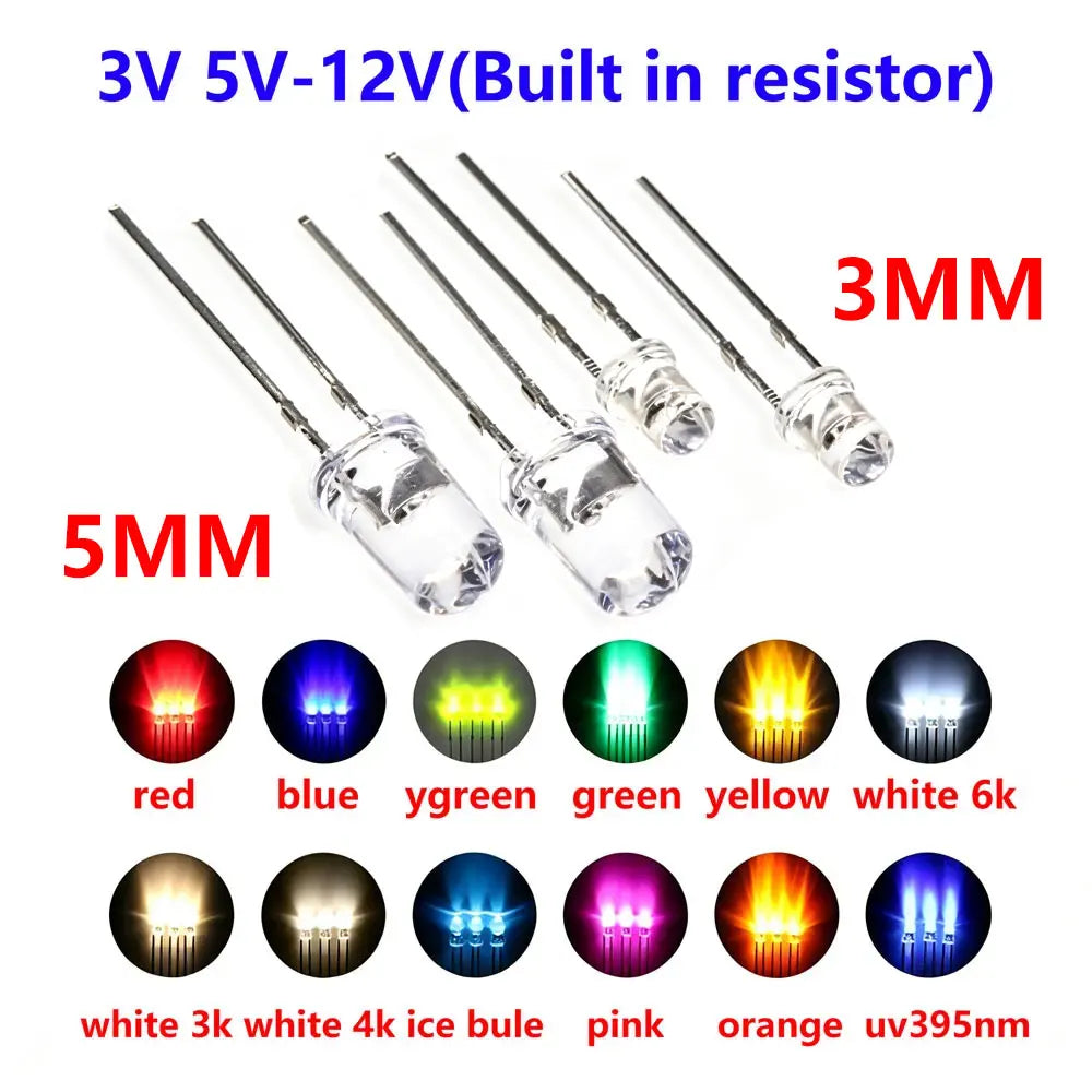 50pcs 3V 5V-12V Built in resistor F3MM F5MM Super light-emitting diode car dashboard led bead high b