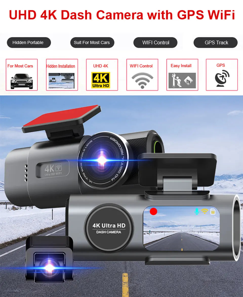 4K Dash Cam with WiFi & GPS | Dual Lens, Night Vision, 24H Parking Monitor
