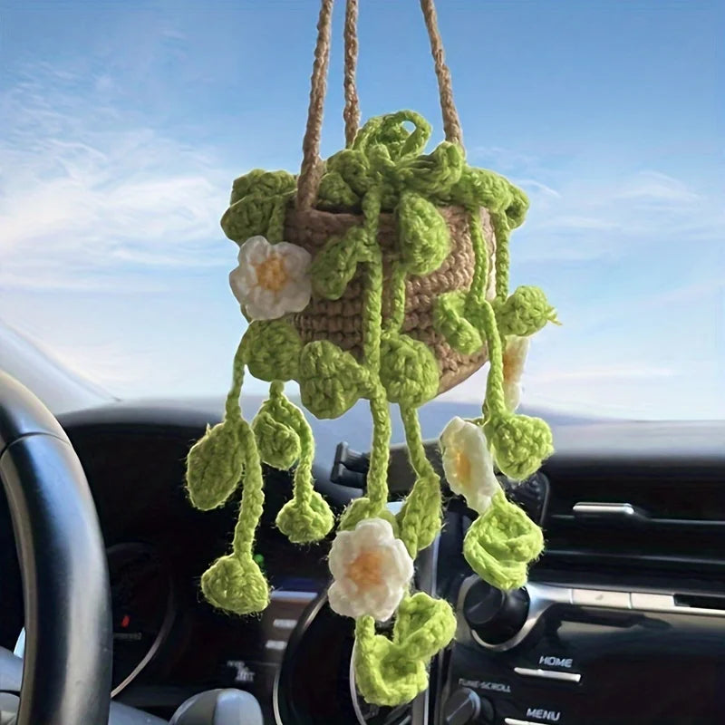 NEW Cute Potted Plants Crochet Car Basket Hanging Plant Crochet for Car Decor Car Orn lifestyle view