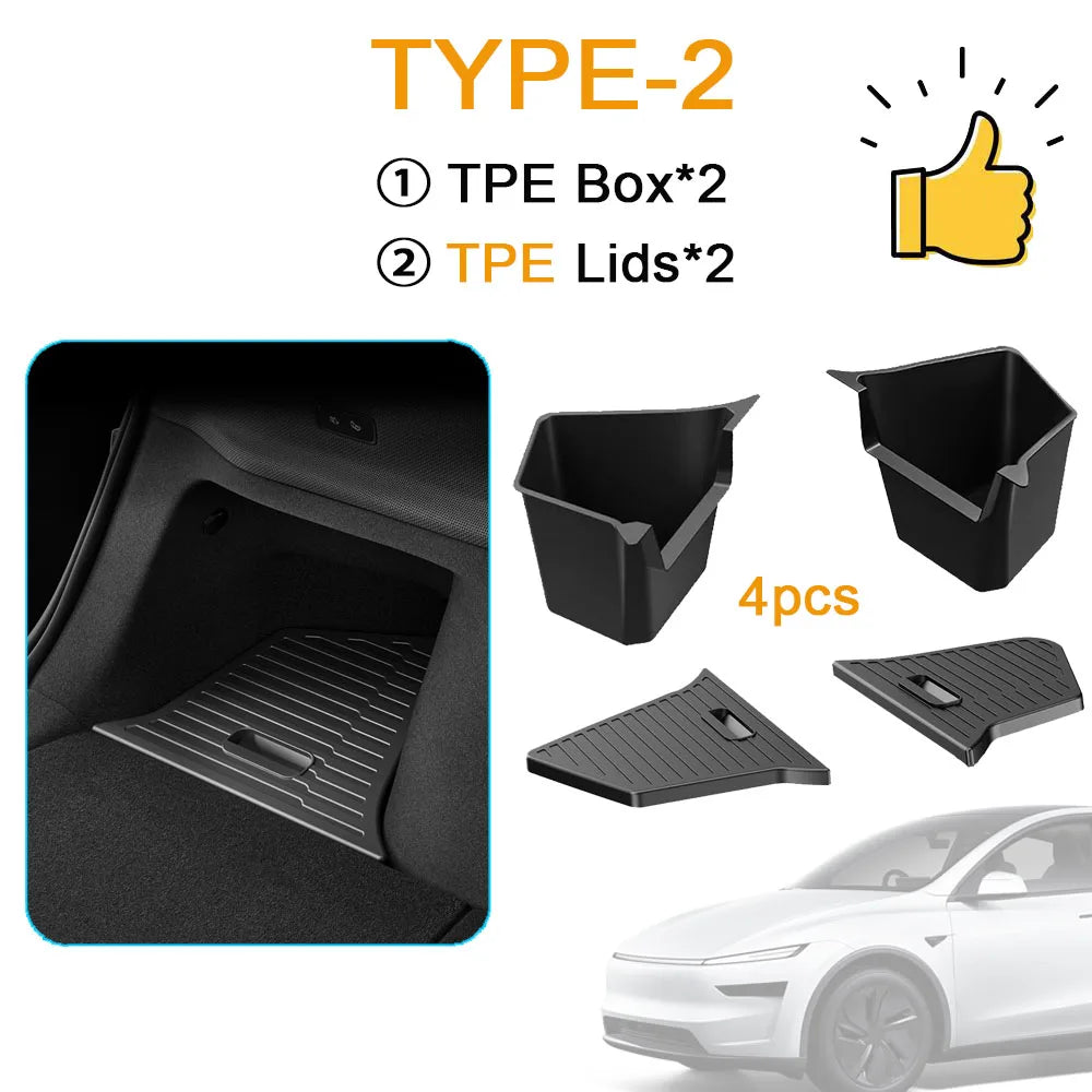 Tesla Model Y Juniper Rear Trunk Side Storage Box | TPE or Flocking Trunk Organizer Bi close-up view