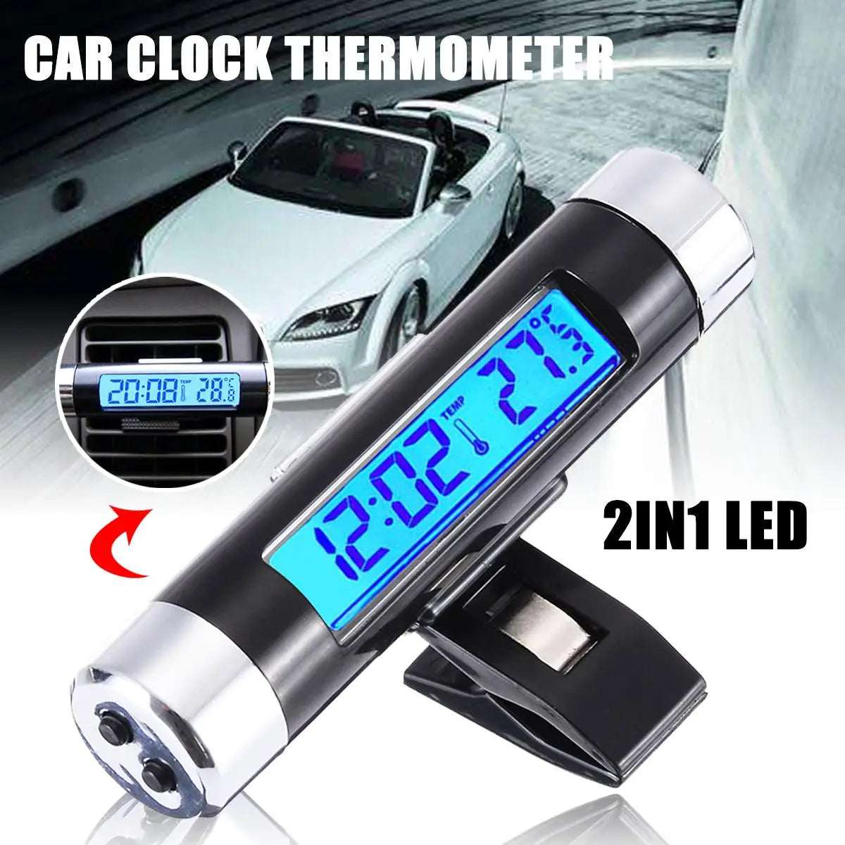 2 in 1 Car Digital LCD Temperature Thermometer Clock Calendar Automotive Blue Backlight Clock With C
