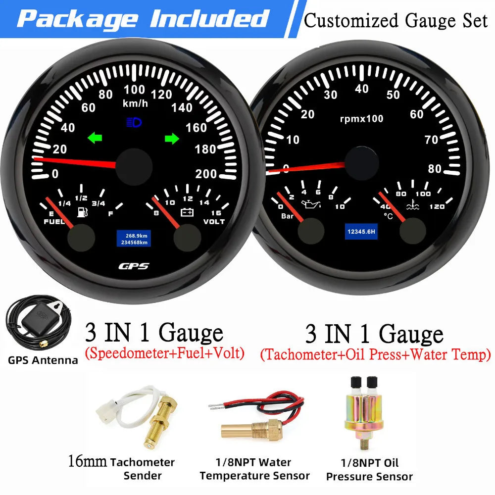 Custom 2 Gauges Set With Sensors Kit | 85mm 3-in-1 GPS Speedometer, Fuel, Tachometer, close-up view