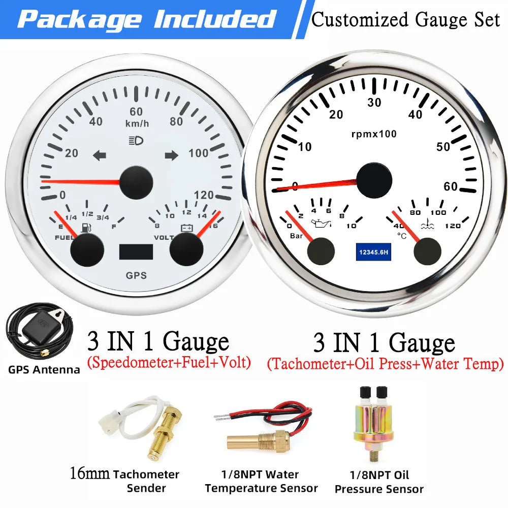 Custom 2 Gauges Set With Sensors Kit | 85mm 3-in-1 GPS Speedometer, Fuel, Tachometer, Oi detail view