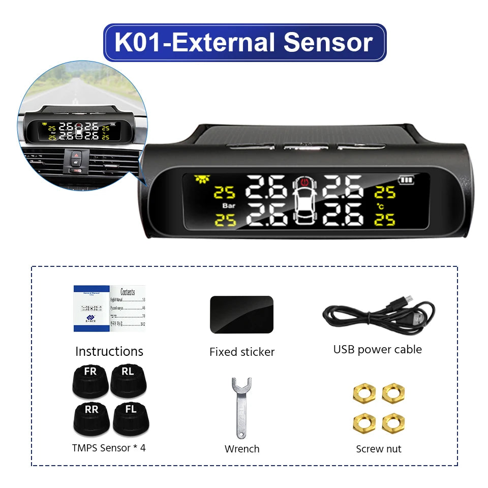 Yangood TPMS Car Tire Pressure Monitor | Solar USB Charging Color Display 4 Sensors detail view