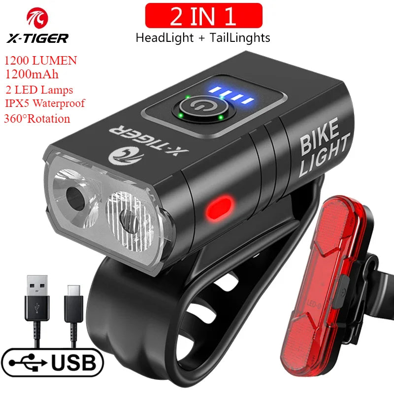 X-TIGER Bike Light Set Front Light with Taillight USB Rechargeable Easy Install 6 Modes Bicycle Acce