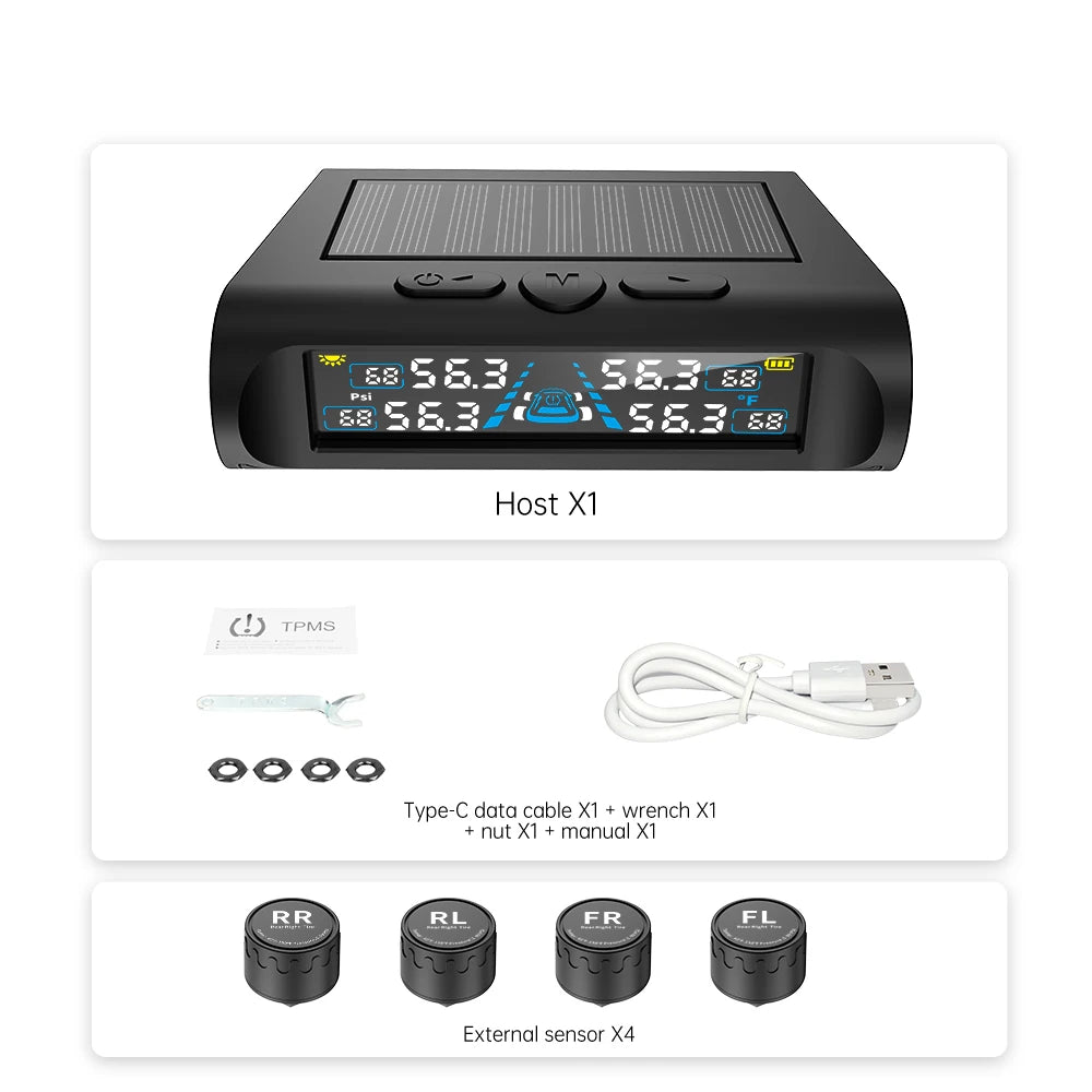 USB/Solar TPMS Temperature Monitor with 4 External Sensors | Digital LCD Tire Pressur alternate view