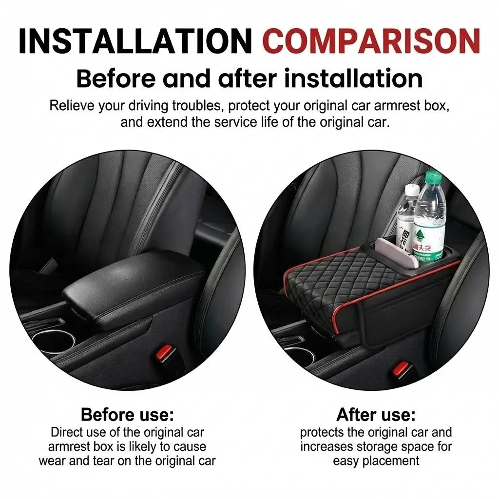 PU Leather Car Center Console Armrest Pad with Dual Pockets, Removable ABS Dual Cup Holder, 20 cm / 7.87 in. Wide