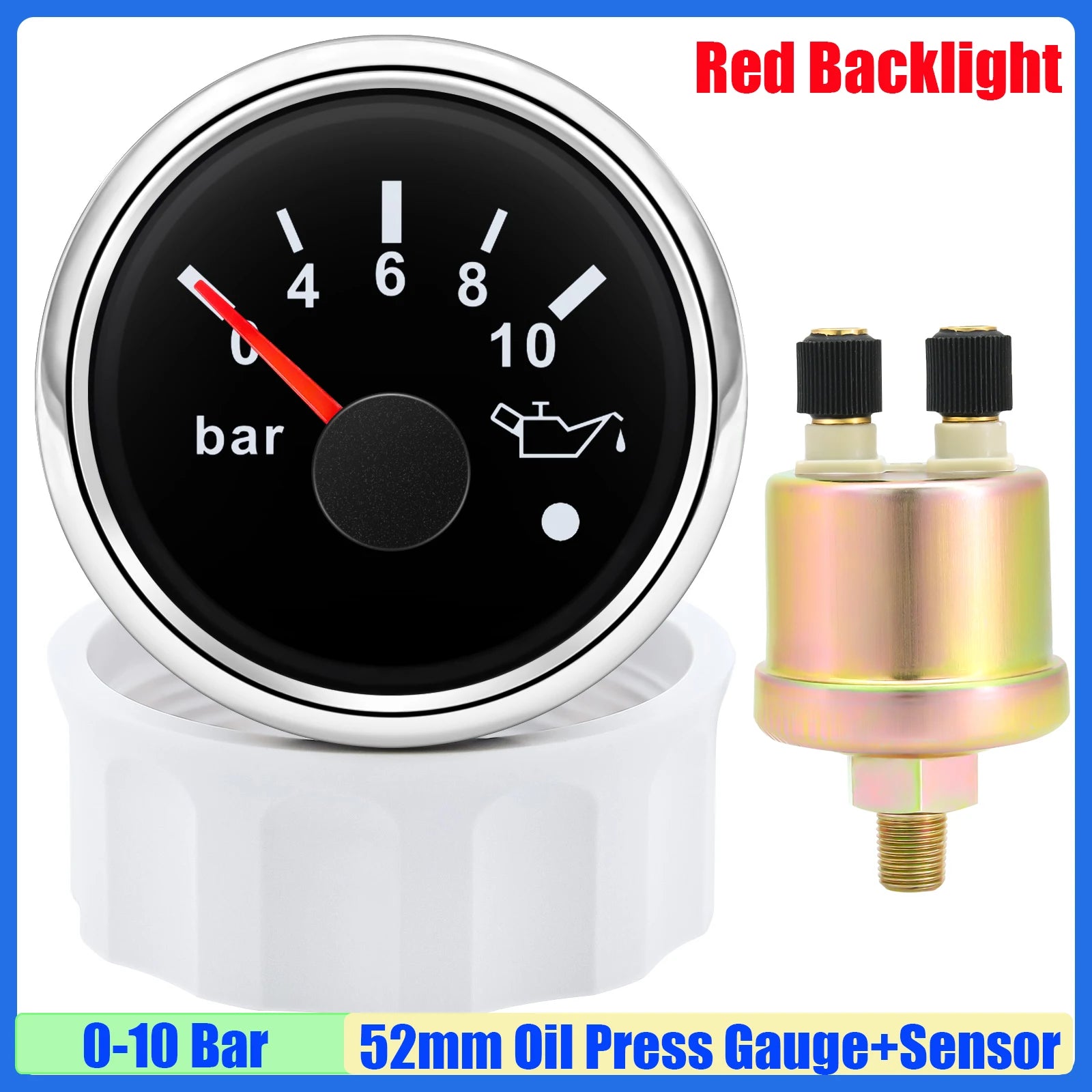 52mm Oil Pressure Gauge with Alarm Red LED | 0-5 Bar 0-10Bar Oil Press Meter with S additional angle